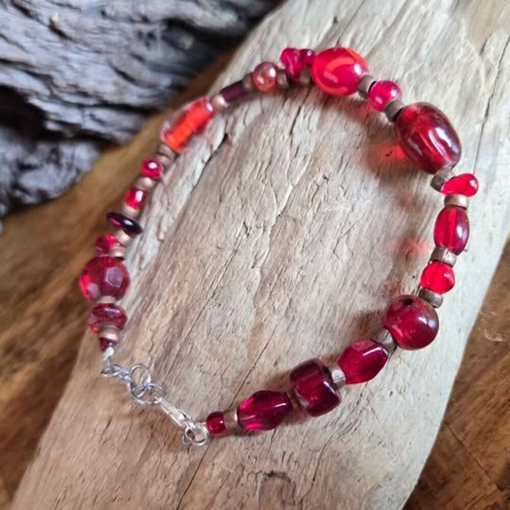 Red Mixed Bead Bracelet | 8.5 Inch Boho Artisan Bracelet